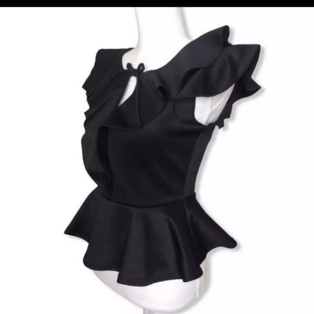 Black Front Ruffle Peplum Top, M - Picture 2 of 4